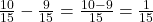 \frac{10}{15} - \frac{9}{15} = \frac{10 - 9}{15} = \frac{1}{15}